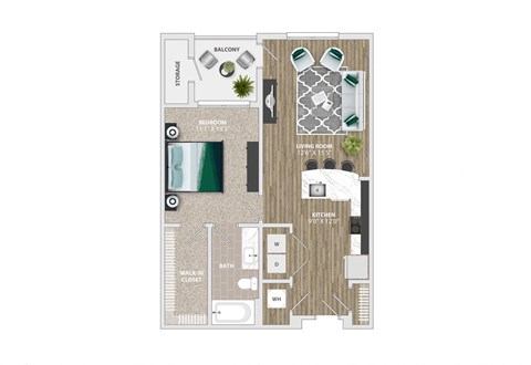 Floor plan for 1 bed, 1 bath, 753 sqft